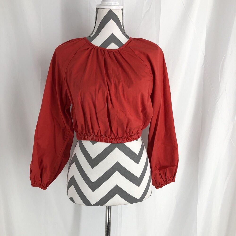 Sundry Crop Top in Red Size 0 Pullover Long Puff Sleeve Keyhole Neck Back